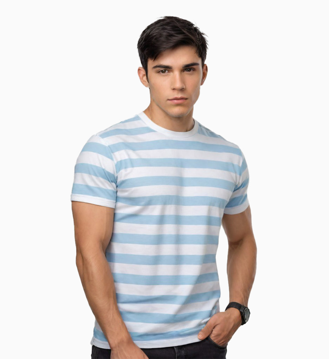 Ocean Blue  Round Neck Strip T-Shirt