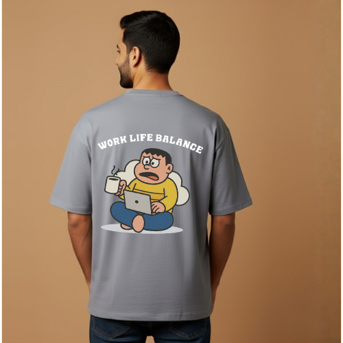 Work Life Balance Grey Graphic Print T-Shirt – Unisex Streetwear with Front & Back Design