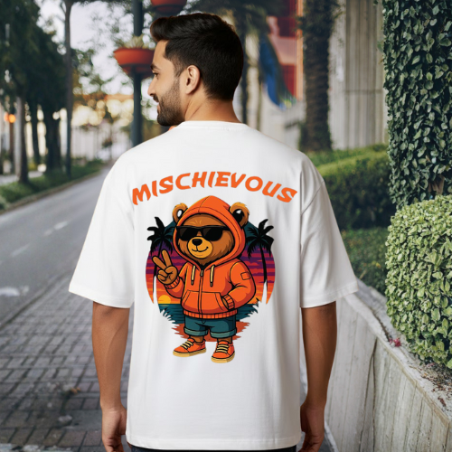Mischievous White Graphic Print T-Shirt – Unisex Streetwear with Front & Back Design