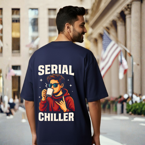 Serial Chiller Navy Blue Graphic Print T-Shirt – Unisex Streetwear with Front & Back Design