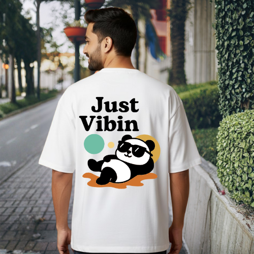 Just Vibin White Graphic Print T-Shirt – Unisex Streetwear with Front & Back Design