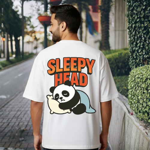 Sleepy Head White Graphic Print T-Shirt – Unisex Streetwear with Front & Back Design