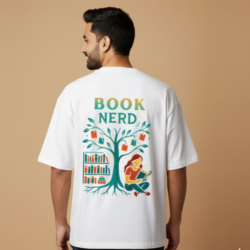 Book Nerd White Graphic Print T-Shirt – Unisex Streetwear with Front & Back Design