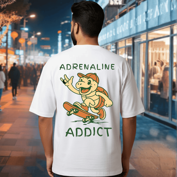 Adrenaline Addict White Graphic Print T-Shirt – Unisex Streetwear with Front & Back Design