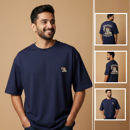 Spiritual Gangster Navy Blue Graphic Print T-Shirt – Unisex Streetwear with Front & Back Design