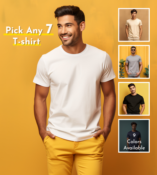 Unisex Pack of 7 Plain T-Shirts | Choose Your Color | 100% Premium Cotton | Combo Set