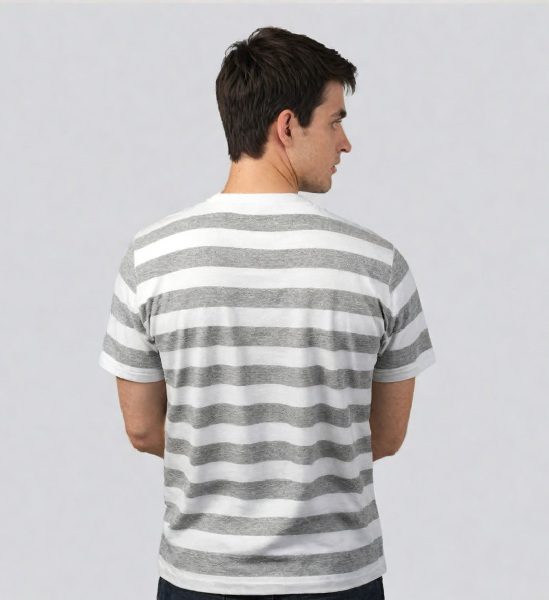 Grey White Round Neck Strip T-Shirt